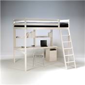 Lit mezzanine STUDIO 140x190 + 1 sommier + caisson 3 tiroirs + bureau + étagère / Blanchi
