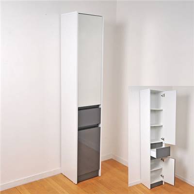 Colonne MODENA miroir 2 portes + 1 tiroir / Blanc-Gris