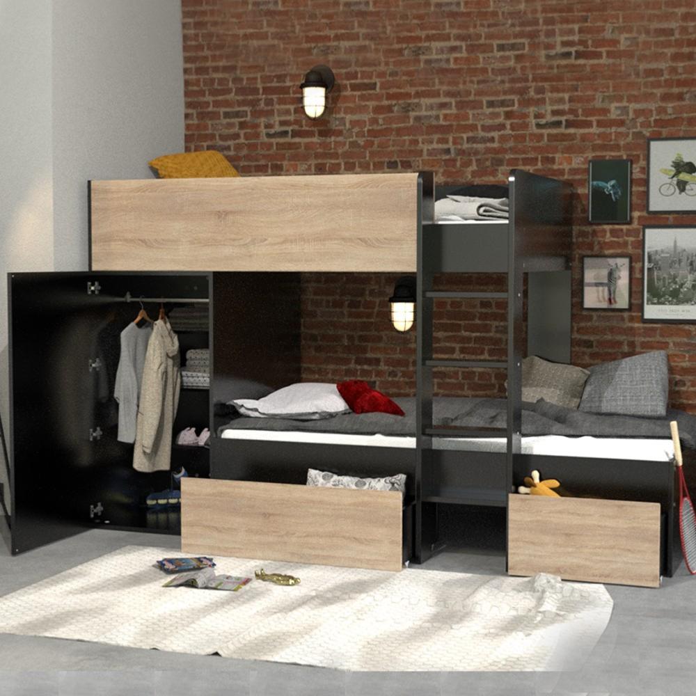 Lit superposé TWIN 90x190 avec armoire et tiroirs + 2 sommiers / Noir et Chêne blanchi