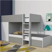 Lit superposé TWIN 90x190 avec armoire et tiroirs + 2 sommiers / Blanc et Gris