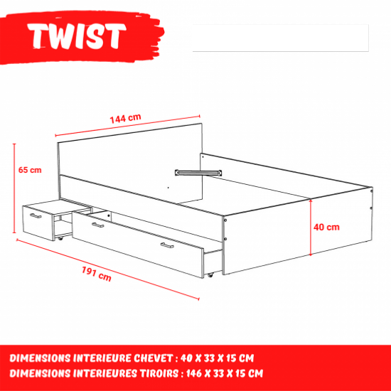  Lit TWIST 140X190 + 1 chevet + 1 tiroir / blanc