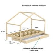 Lit cabane KOALA 90x190 + 1 sommier + Tiroir / Naturel